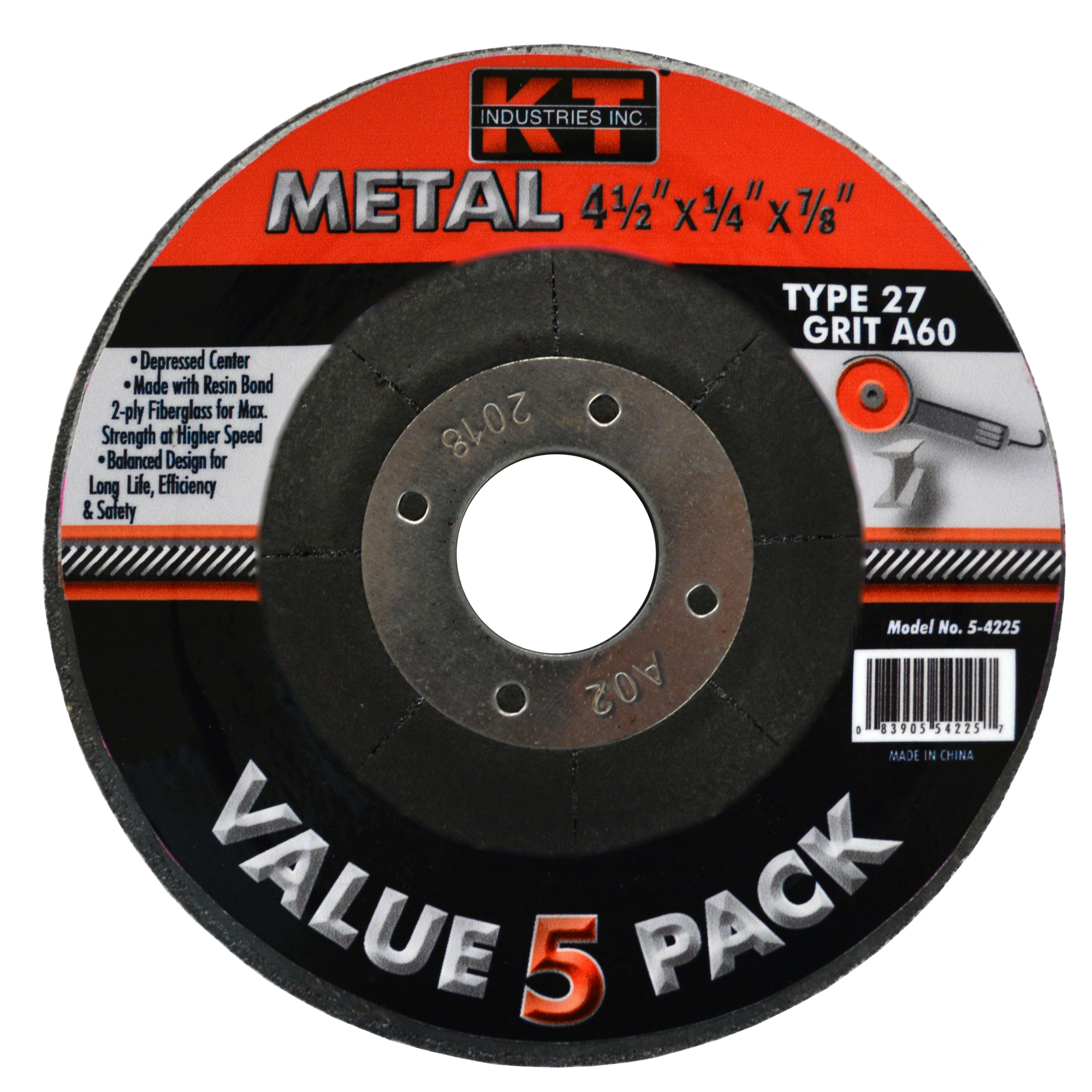 K-T Industries Grinding Wheels — 5-Pk., 4.5in. x 1/4in. x 7/8in., Type 27, 13,300 RPM, Model# 5-4225